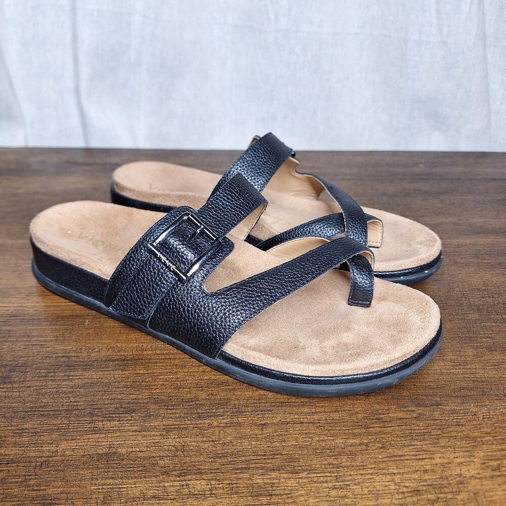 Vionic Carmela Thong Sandals black textured leather toe-post loop slides comfort
